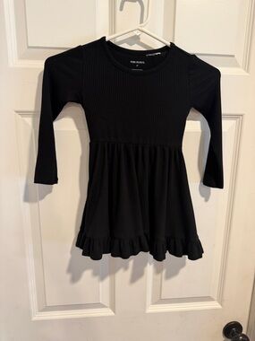 Black Ribbed Long Sleeve Ruffle Hem Dress
